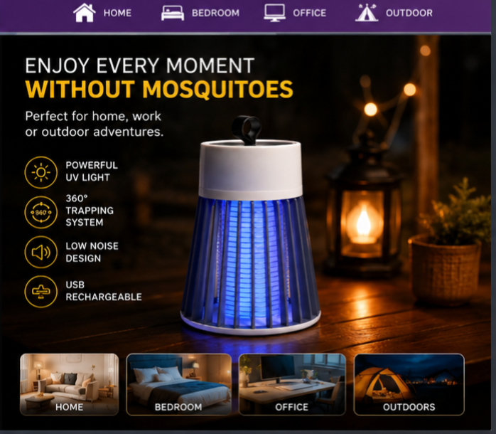 USB Rechargeable Mosquito Killer Lamp – 360° UV Insect Trap | Silent Indoor Bug Zapper | Chemical-Free Mosquito Catcher for Home, Bedroom & Office